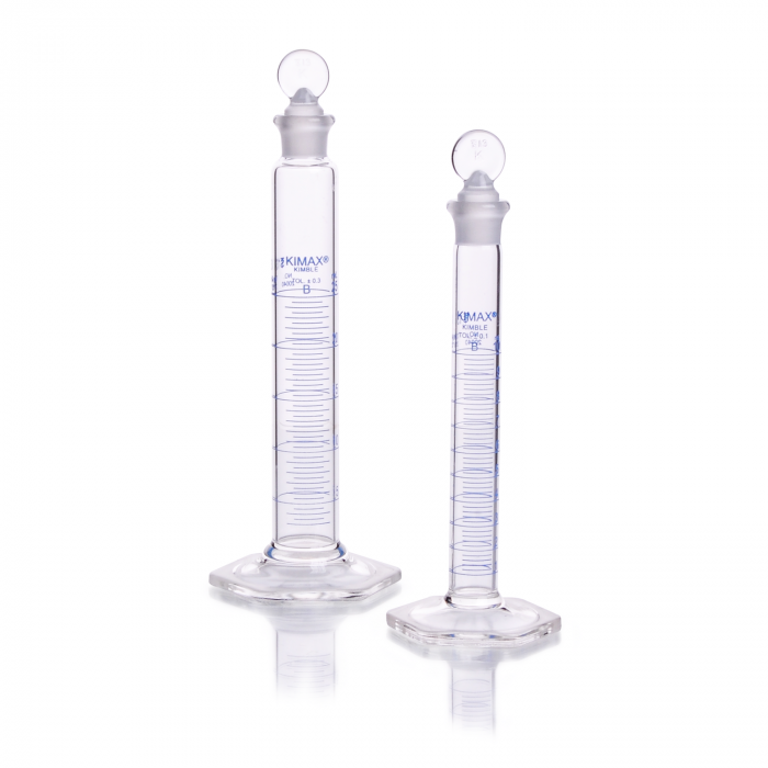 PROBETA, P.C., "B", (MEZCLADORA) BASE HEX. VIDRIO, ESCALA AZUL, TAPÓN VIDRIO — 100 mL