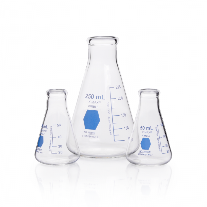 MATRAZ ERLENMEYER, GRADUADO, DECORADO AZUL — 50 mL