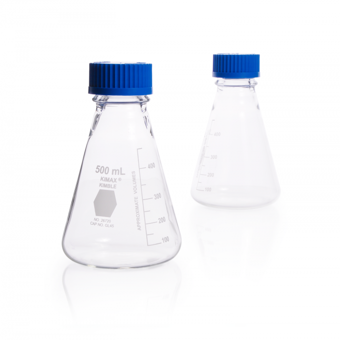 MATRAZ ERLENMEYER ROSCA GL 45 CON TAPA AZUL Y ANILLO POLIPROPILENO — 500 mL