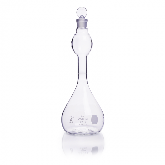 MATRAZ VOLUMÉTRICO "A", BULBO DE MEZCLADOR, TAPÓN VIDRIO — 250 mL