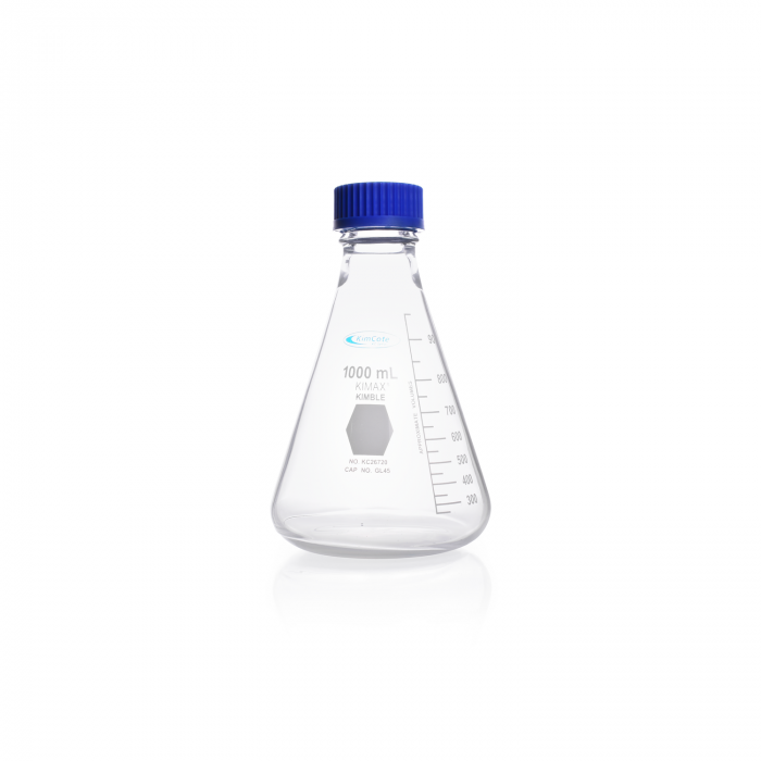 MATRAZ ERLENM. ROSCA GL 45, TAPA AZUL & ANILLO PP, RECUBIERTA DE PLÁSTICO — 250 mL